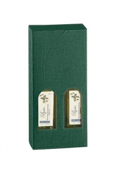 Flaschenkarton 2er grün, Leinenstruktur mit Sichtfenster, 110x55x240mm